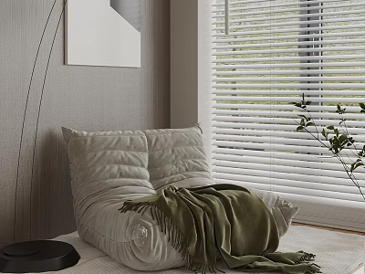 Soft Light Gray Bean Bag Chair with Green Blanket near Window Blinds in Modern Room 3d model