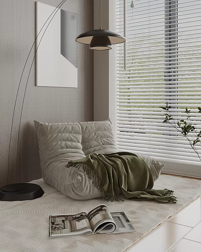 Soft Light Gray Bean Bag Chair with Green Blanket near Window Blinds in Modern Room 3d model