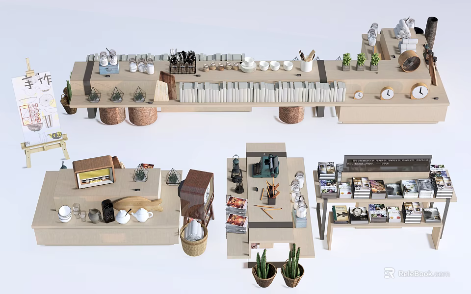 Modern Display Shelves with Cups Plates Plants Books and Decorative Items 3d model 