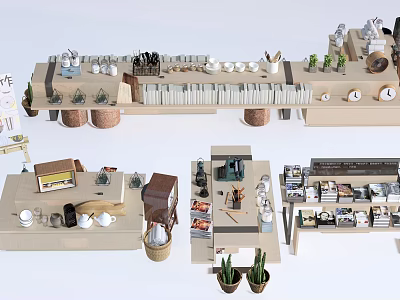 Modern Display Shelves with Cups Plates Plants Books and Decorative Items 3d model