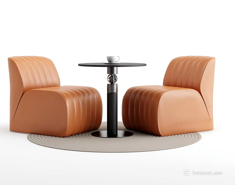 Modern Table and Chair Set with Brown Leather Stitched Chairs and Black Round Table 3d model