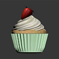 Delicious Cupcake With Green Paper Liner White Whipped Cream And Fresh Strawberry On Top
