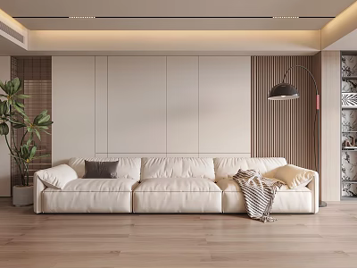 Cream Sectional Sofa With Gray Pillows Striped Blanket Wooden Flooring Green Plant And Floor Lamp 3d model