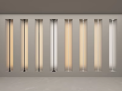Vertical Decorative Lights Neatly Arranged On Gray Wall With Warm Yellow And White Lighting 3d model
