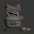 Ancient Mobile Vendor Cart With Tent Covering Wooden Wheels And Copper Spherical Design