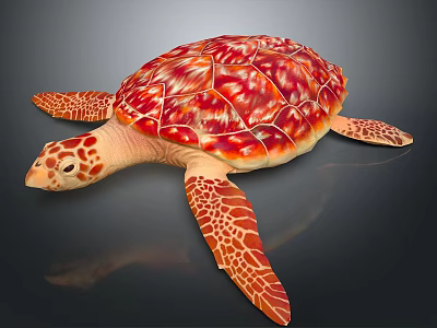 Red Orange Patterned Turtle with Detailed Shell and Flippers 3D Rendered on Dark Background 3d model