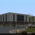 Modern Industrial Factory Building Exterior Featuring Glass Windows Parking Area And Landscaping