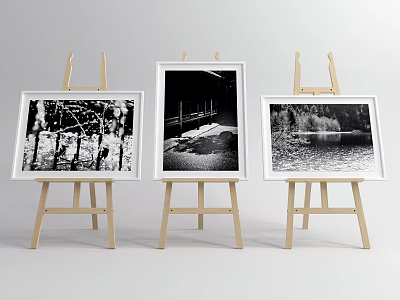 Art Supplies Display Featuring Three Wooden Easels With Black And White Landscape Paintings In Frames 3d model