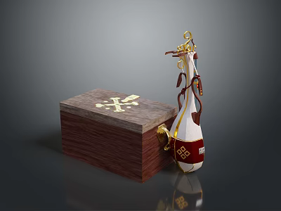 Wooden Box With Golden Patterns And Decorative Vase In White Red Design With Hanging Rope 3d model