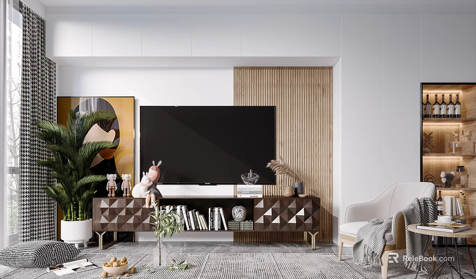 Modern TV Stand Design In Living Room With TV Books And Plants 3d model 