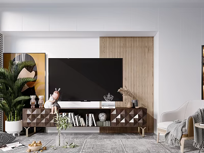 Modern TV Stand Design In Living Room With TV Books And Plants 3d model