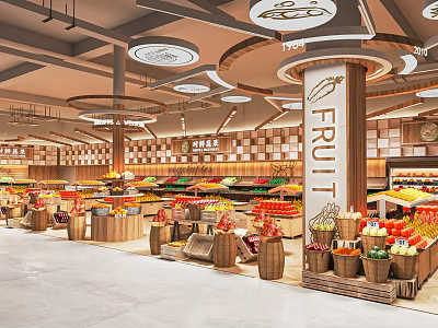 Supermarket Fresh Fruit Section With Organized Produce Displays In Wooden Baskets And Bright Lighting 3d model