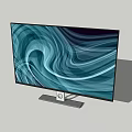 Modern Television with Blue White Swirl Screen on Stand and Black Speakers on Sides