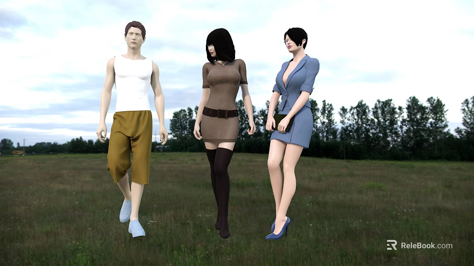 Group Of Three People Walking On Grassland 3d model 