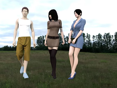 Group Of Three People Walking On Grassland 3d model