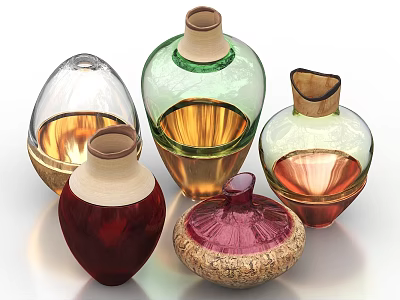 Colorful Ceramic Vessels With Transparent Glass And Wooden Accents In Various Shapes 3d model