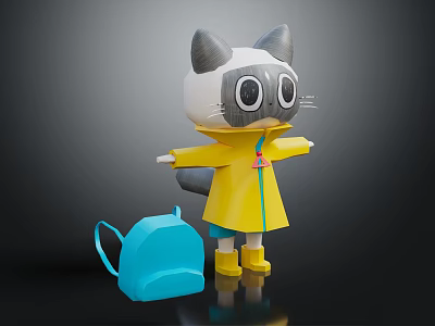 Cartoon Cat Character In Yellow Raincoat With Blue Backpack And Rain Boots 3d model
