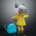 Cartoon Cat Character In Yellow Raincoat With Blue Backpack And Rain Boots