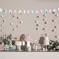 Pink Blue Decorative Ornament Set With Hanging Balls Banners And Flower Bouquets