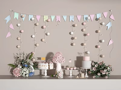 Pink Blue Decorative Ornament Set With Hanging Balls Banners And Flower Bouquets 3d model