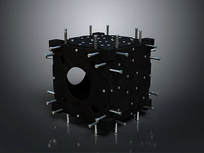 Black Cubic Mechanical Component With Metal Bolts And Circular Hole 3d model