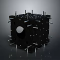 Black Cubic Mechanical Component With Metal Bolts And Circular Hole