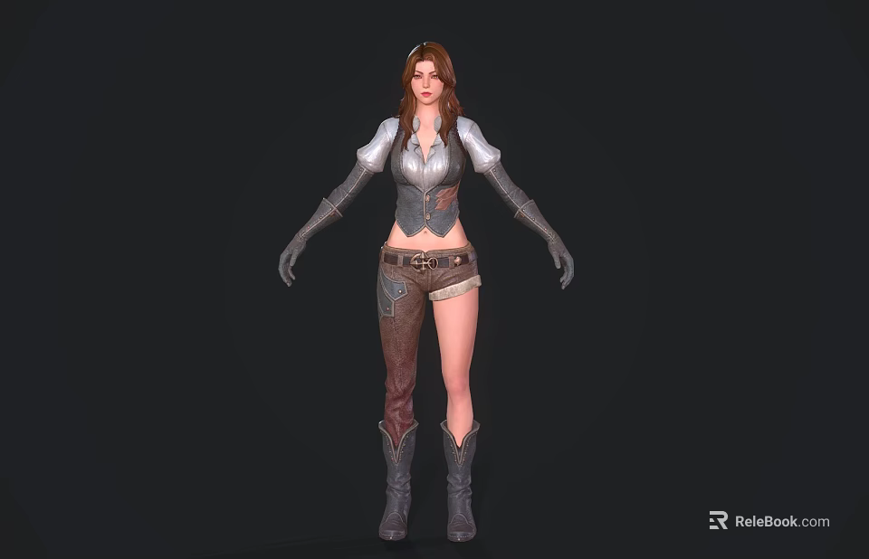 Fantasy Female Character In Silver Armor With Brown Pants And Leather Boots 3d model 