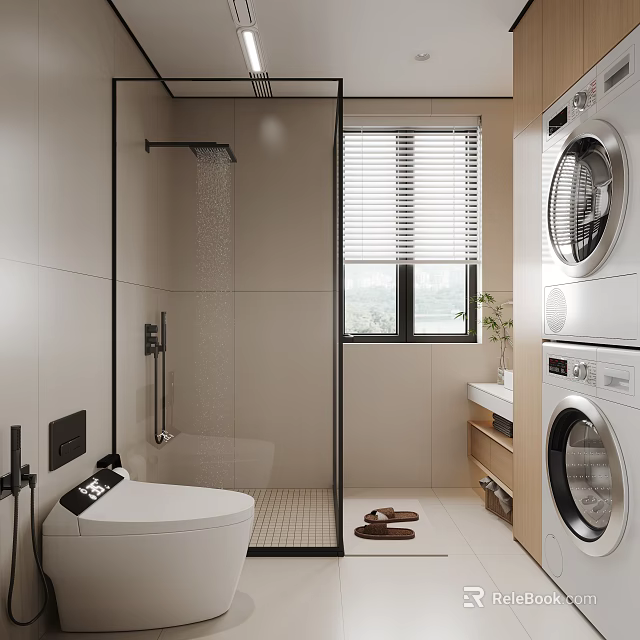 Modern Bathroom Interior With Glass Shower Enclosure Toilet Washing Machine Blinds And Plant 3d model 