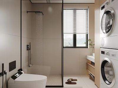 Modern Bathroom Interior With Glass Shower Enclosure Toilet Washing Machine Blinds And Plant 3d model