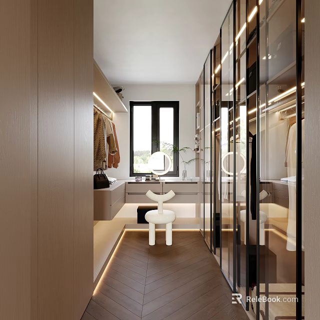 Modern Walk in Closet Interior Design With Wooden Cabinets Mirror And LED Lighting 3d model 