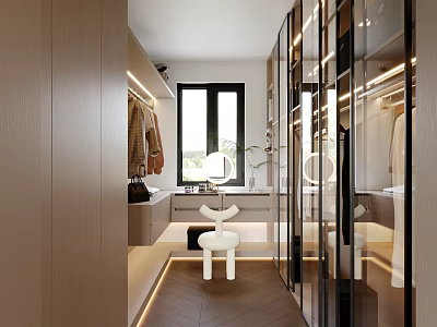 Modern Walk in Closet Interior Design With Wooden Cabinets Mirror And LED Lighting 3d model