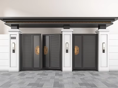 Luxury Entrance Gate With Black Metal Brass Accents And White Columns 3d model