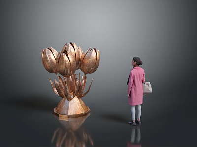 Large Bronze Tulip Sculpture Art Installation With Woman Viewing In Modern Space 3d model