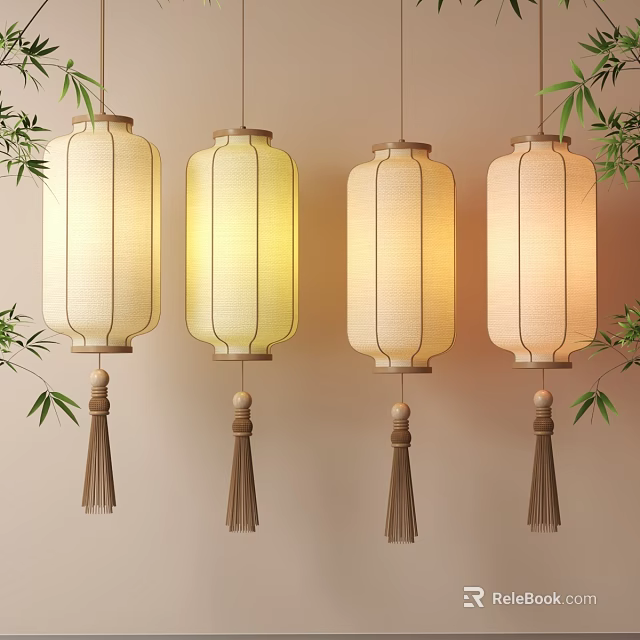 Traditional Hanging Lanterns With Tassels And Warm Yellow Light Near Bamboo Leaves 3d model 