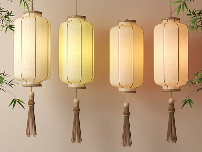 Traditional Hanging Lanterns With Tassels And Warm Yellow Light Near Bamboo Leaves 3d model