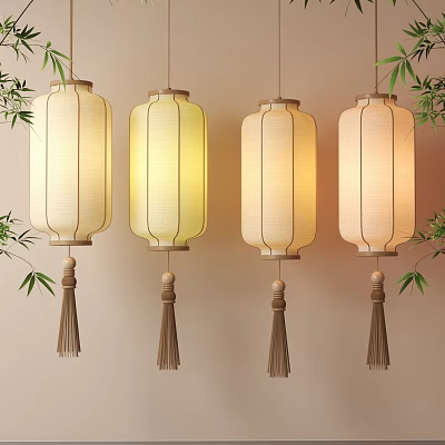 Traditional Hanging Lanterns With Tassels And Warm Yellow Light Near Bamboo Leaves 3d model