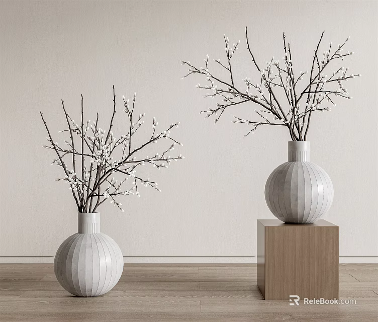 White Ceramic Vases With White Flowering Branches On Wooden Cubes Against Light Wall 3d model 