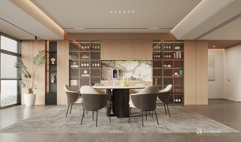 Modern Restaurant Interior Design With Dining Table Chairs Open Layout And Decorative Plants 3d model 