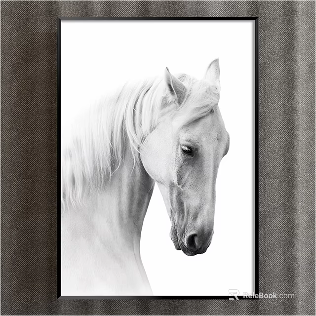 White Horse Head Portrait Animal Painting With Flowing Mane Black Frame And White Background 3d model 