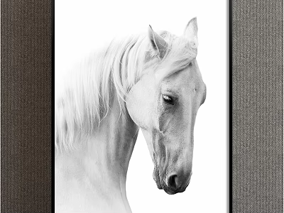 White Horse Head Portrait Animal Painting With Flowing Mane Black Frame And White Background 3d model