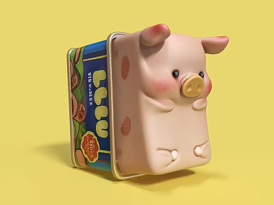 Cute Pig Ornament Decorative Set With Patterned Box On Yellow Background 3d model