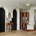Stylish Entryway Interior With Black Arched Doors Wooden Console Table Bookshelf And Potted Plant