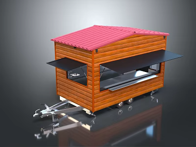 Wooden Food Cart With Red Roof And Black Awning On Trailer Base 3d model