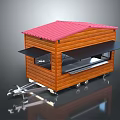 Wooden Food Cart With Red Roof And Black Awning On Trailer Base