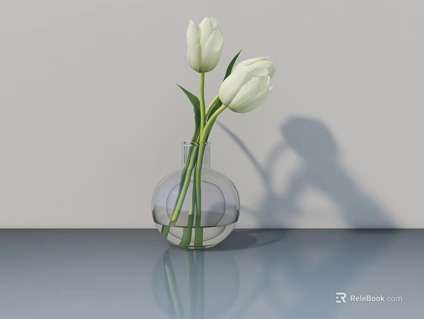 Transparent Glass Vase With White Tulips On Gray Tabletop And Background Wall 3d model 