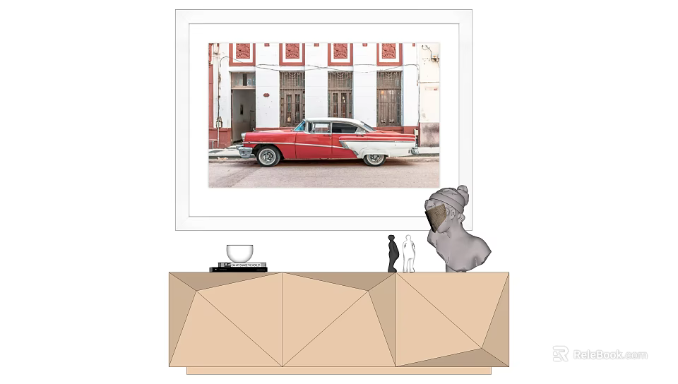 Vintage Red Car Print Above Decorative Cabinet With Dog Figurine And Cup 3d model 