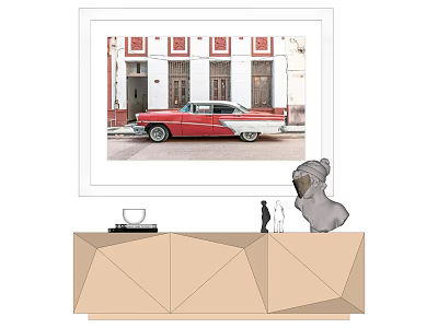 Vintage Red Car Print Above Decorative Cabinet With Dog Figurine And Cup 3d model