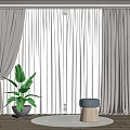 Gray Curtains With Sheer Voile For Window In Modern Interior With Potted Plant And Stool