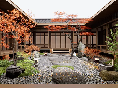 Japanese Courtyard Garden with Orange Maple Trees Stone Path Stone Lanterns and Traditional Wooden Elements 3d model