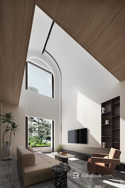 Loft Living Room With High Ceiling Large Windows And Modern Decor 3d model